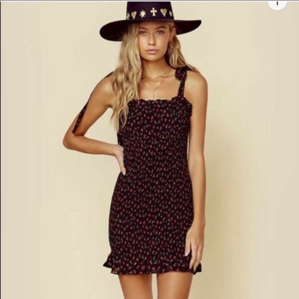 Free People Black Mini Dress with Red Floral Print